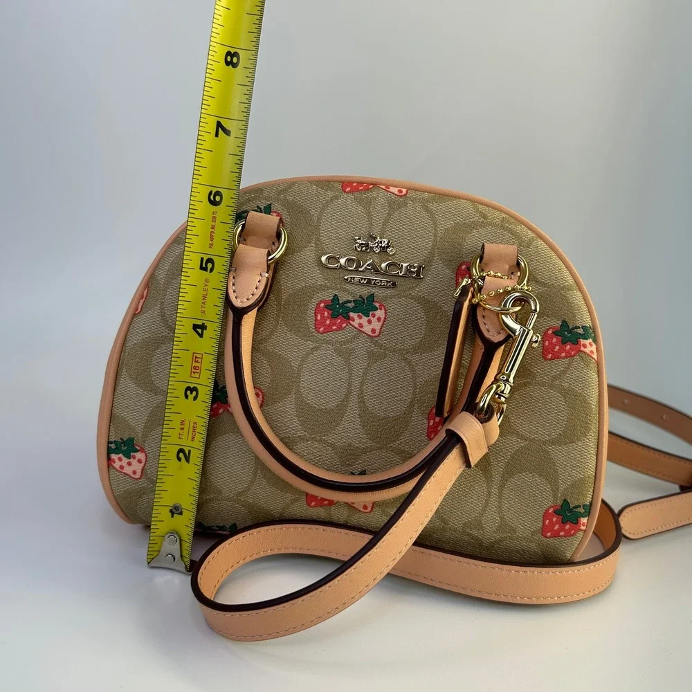 Coach Sydney Satchel Khaki Strawberry Signature Canvas Leather Bag Excellent